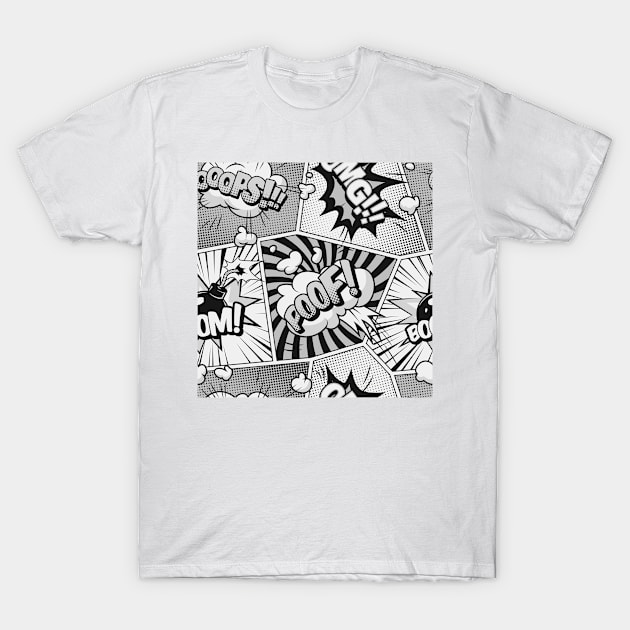 Black and White Comic Book Word Art Collage T-Shirt by CafePretzel